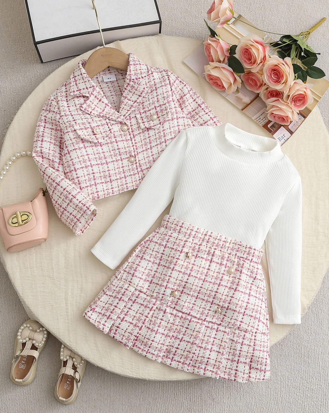 Girls Pink Checked Tweed Skirt and Ribbed Top Set