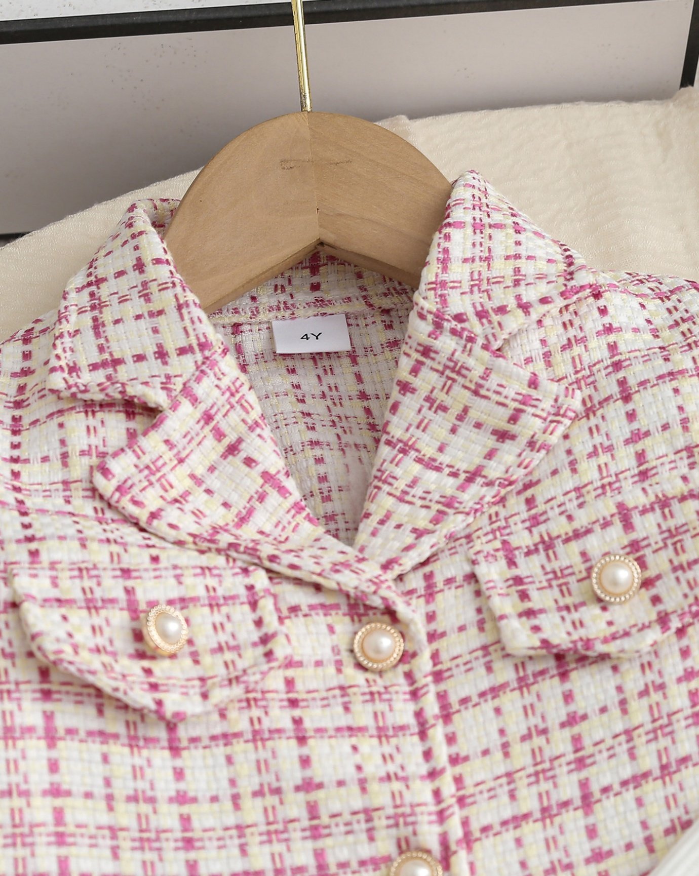 Girls Pink Checked Tweed Skirt and Ribbed Top Set