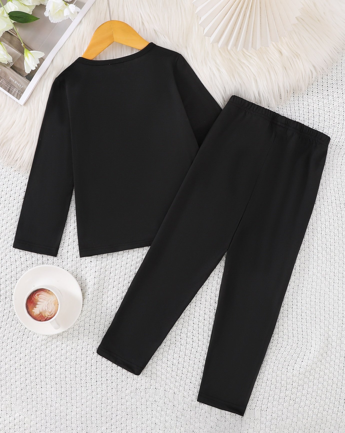 Girls Black Heart Print Long Sleeve T-Shirt and Trousers Set