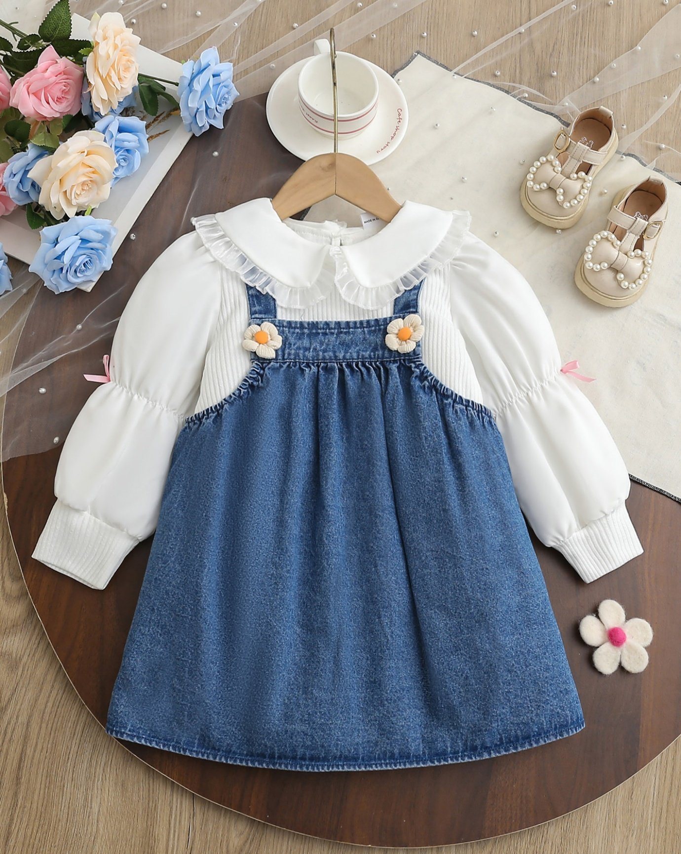 Toddler Girls Blue Denim Pinafore Dress and White Long Sleeve Top Set