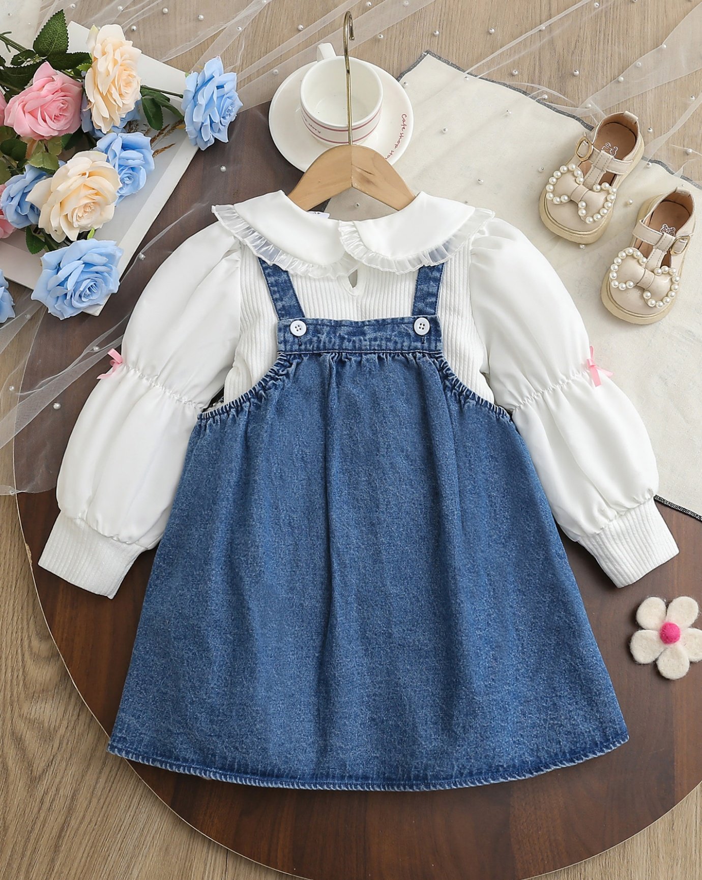 Toddler Girls Blue Denim Pinafore Dress and White Long Sleeve Top Set
