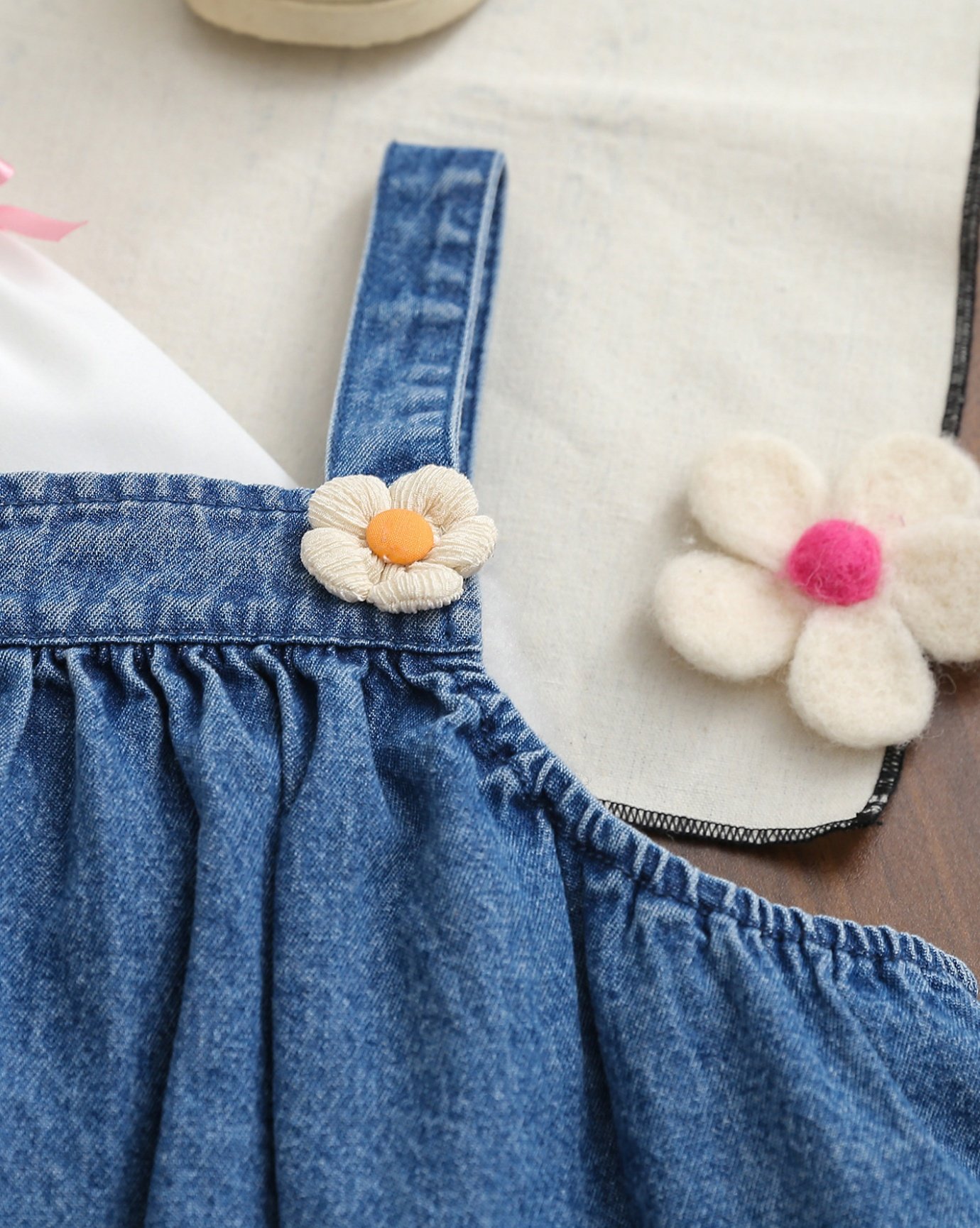 Toddler Girls Blue Denim Pinafore Dress and White Long Sleeve Top Set