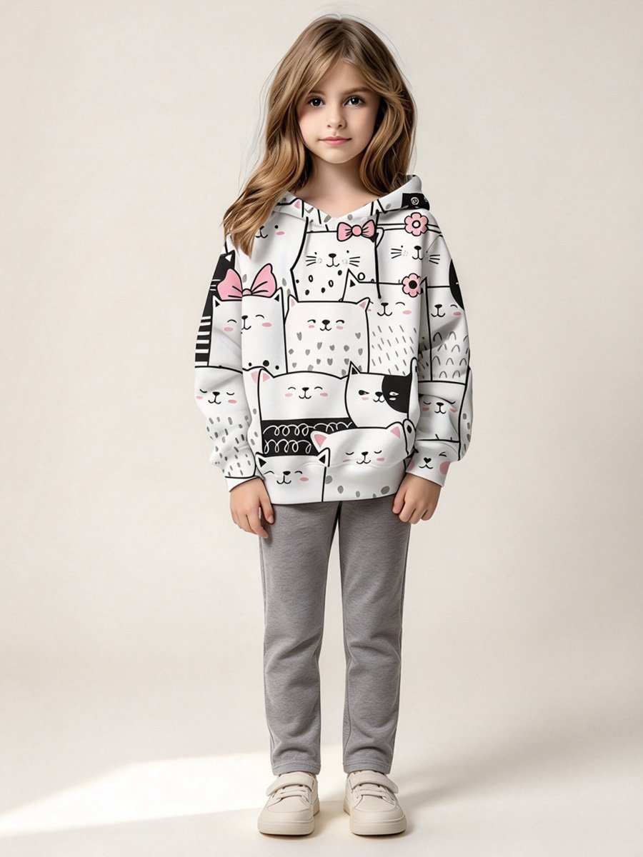 Girls White Cat Print Pullover Hoodie