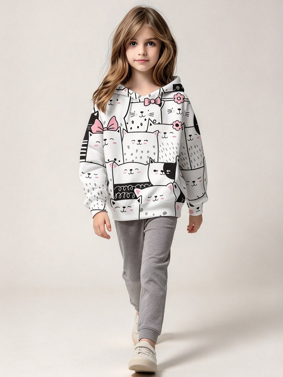 Girls White Cat Print Pullover Hoodie