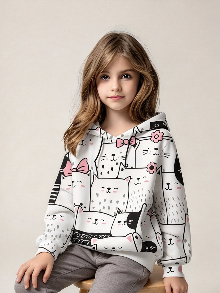 Girls White Cat Print Pullover Hoodie
