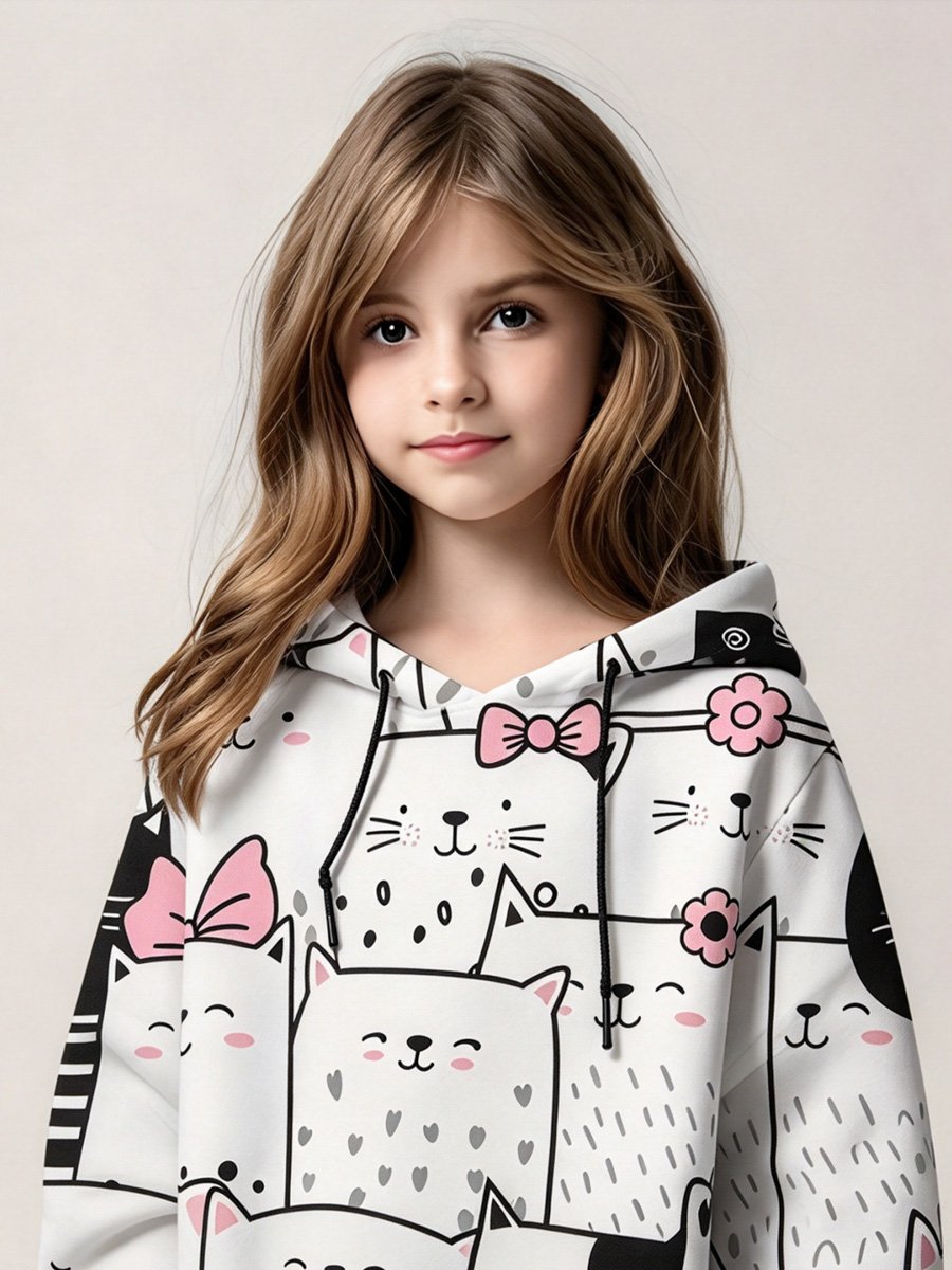 Girls White Cat Print Pullover Hoodie