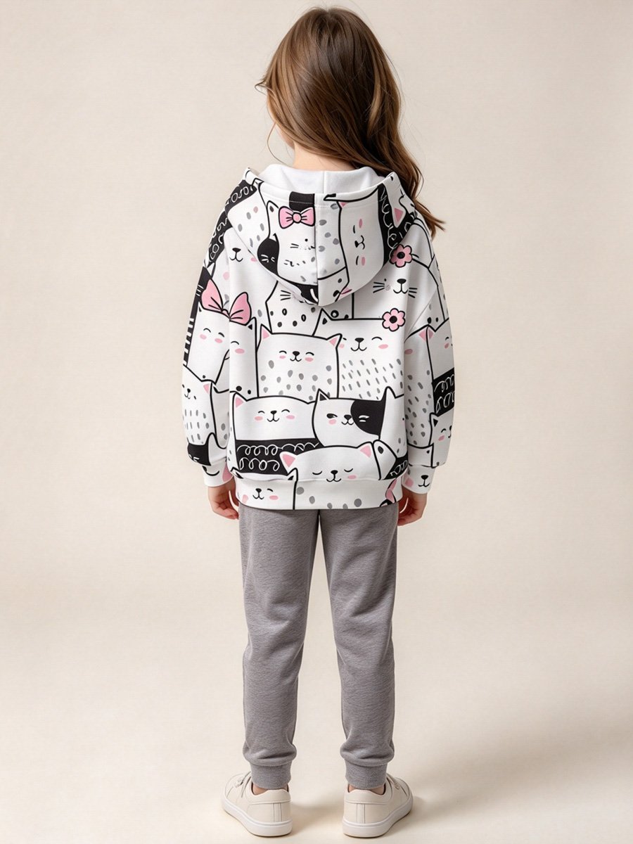 Girls White Cat Print Pullover Hoodie