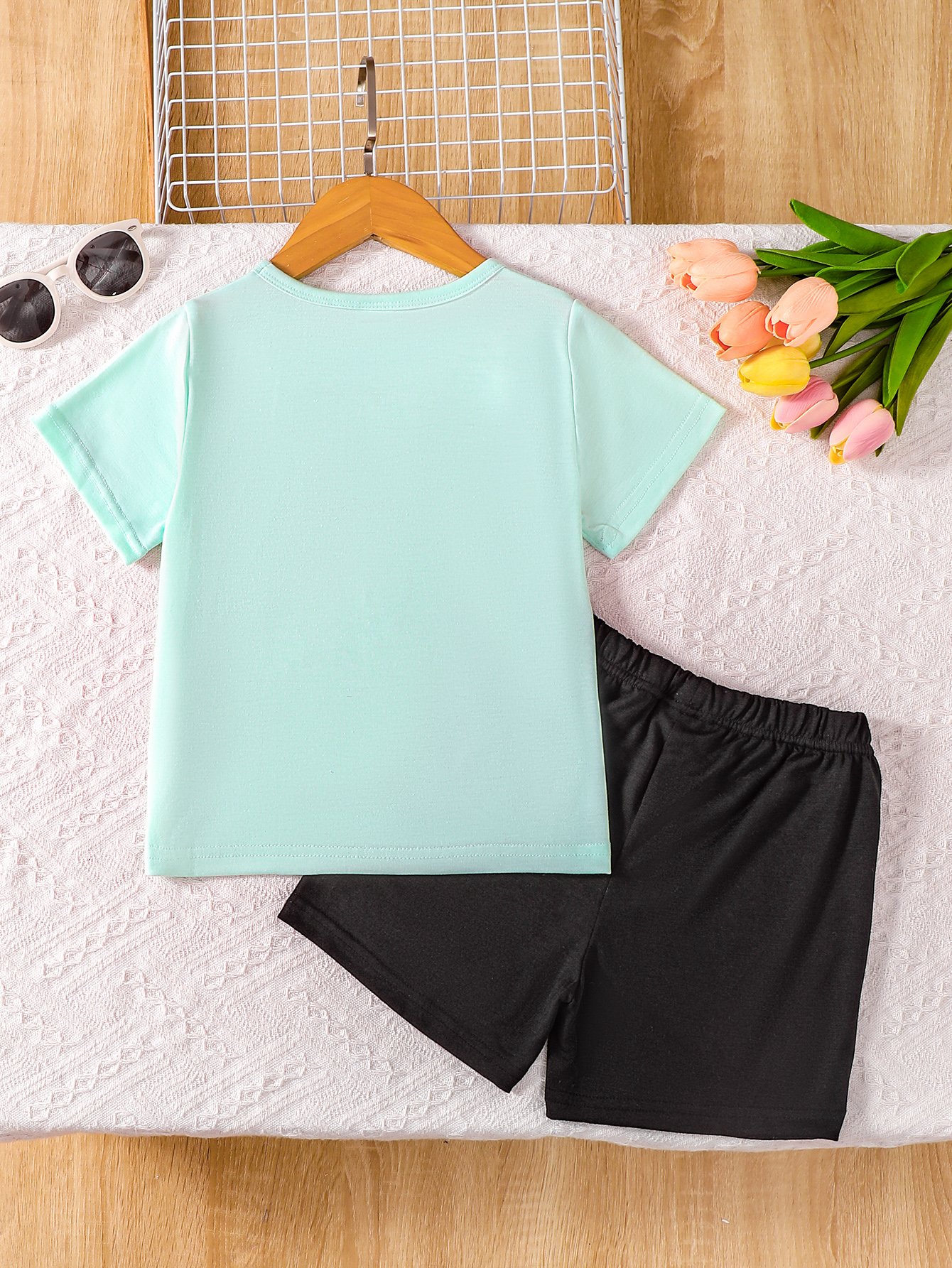 Girls Graphic Teal T-Shirt and Black Shorts Set
