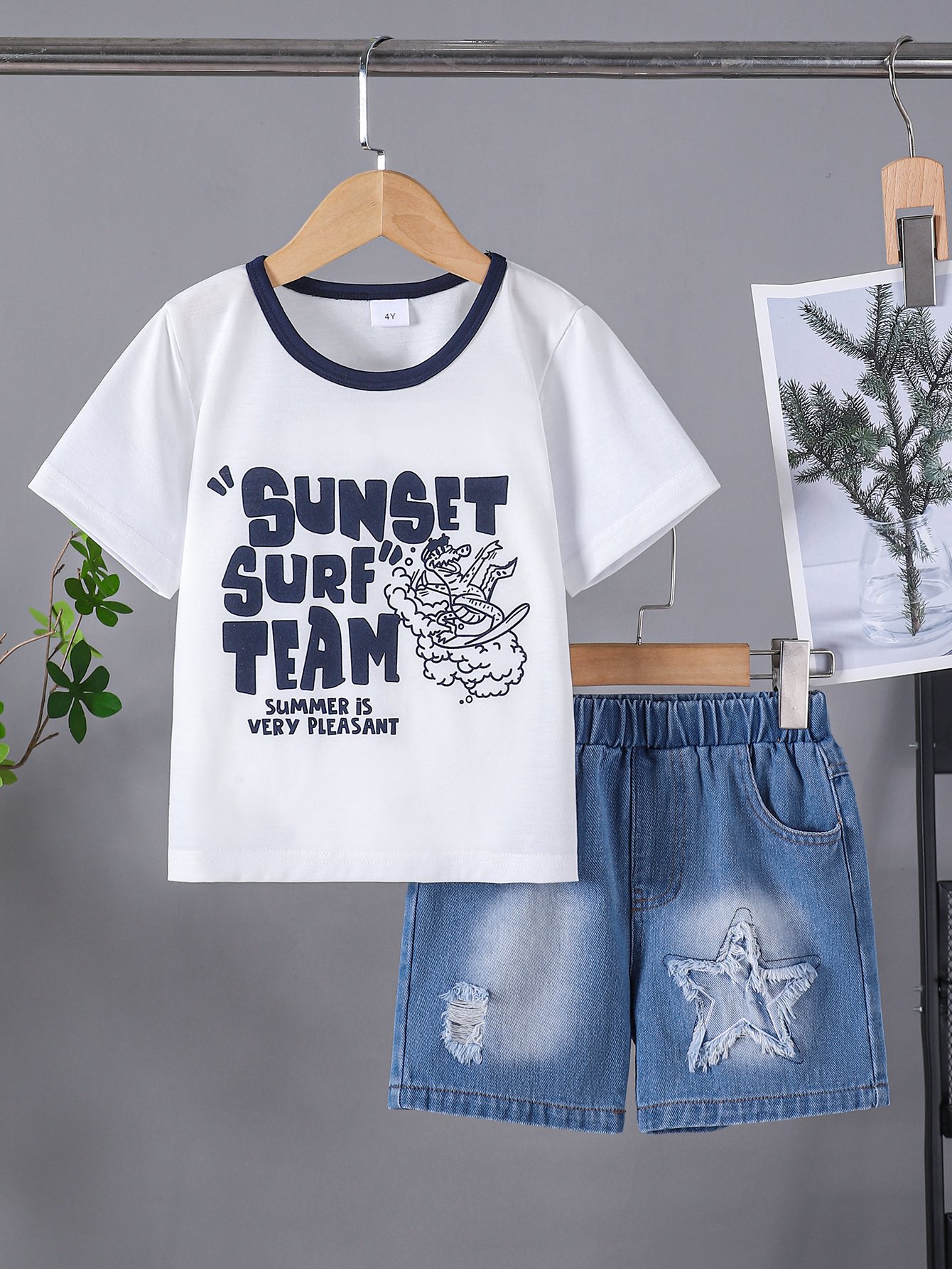 Boys White Sunset Surf Team T-Shirt and Distressed Denim Shorts Set