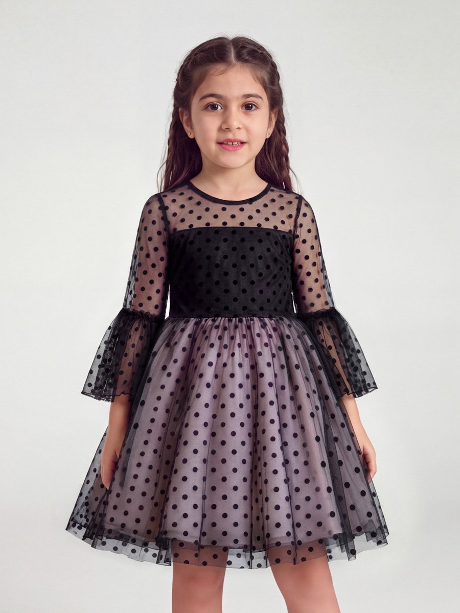 Black Polka Dot Mesh Insert Dress