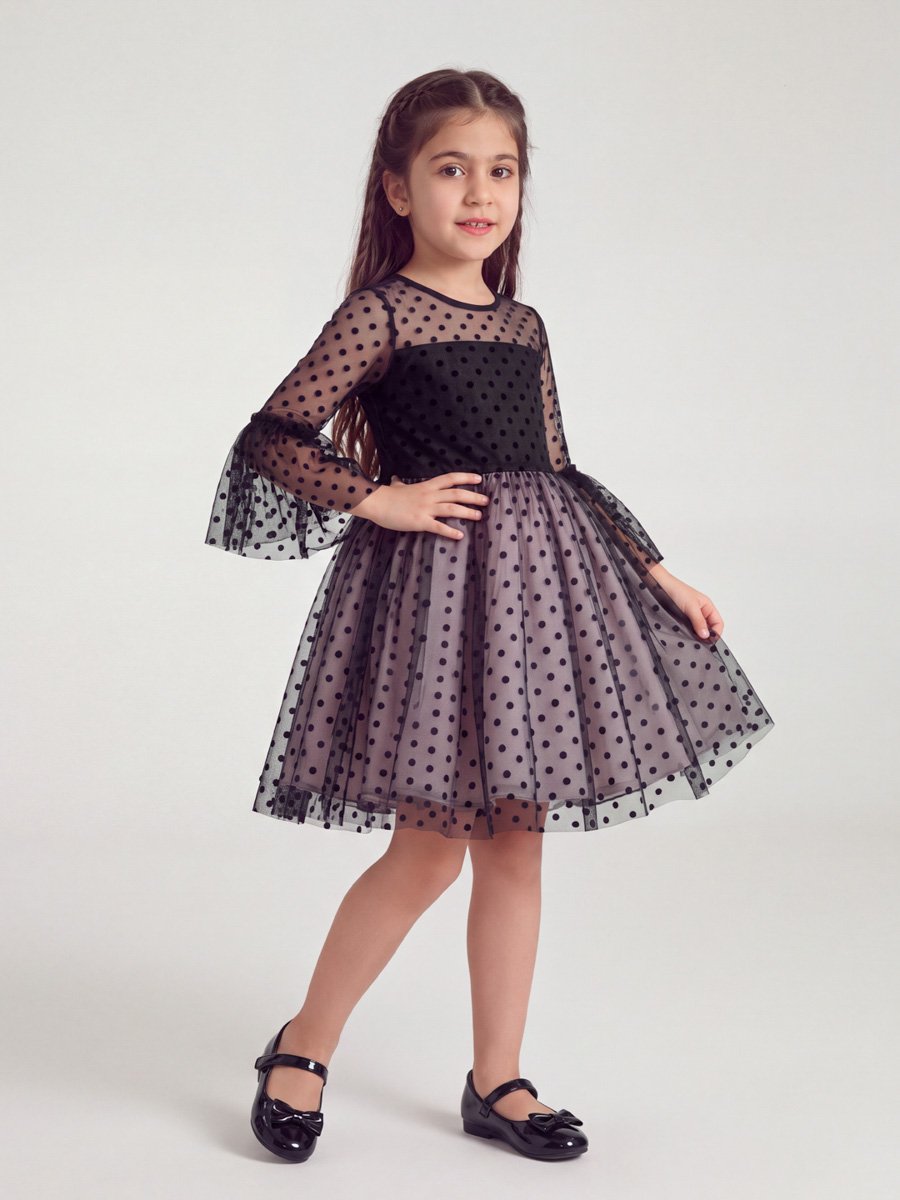 Black Polka Dot Mesh Insert Dress