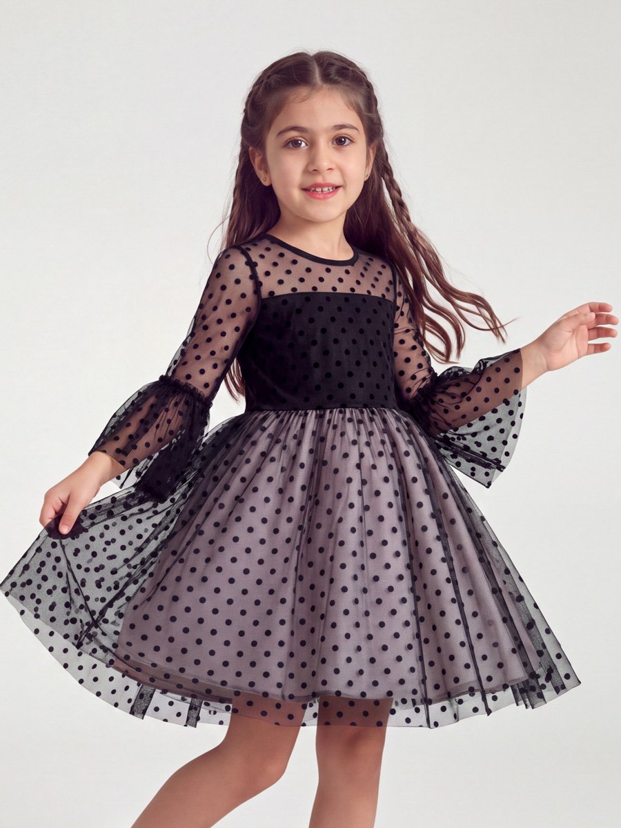 Black Polka Dot Mesh Insert Dress