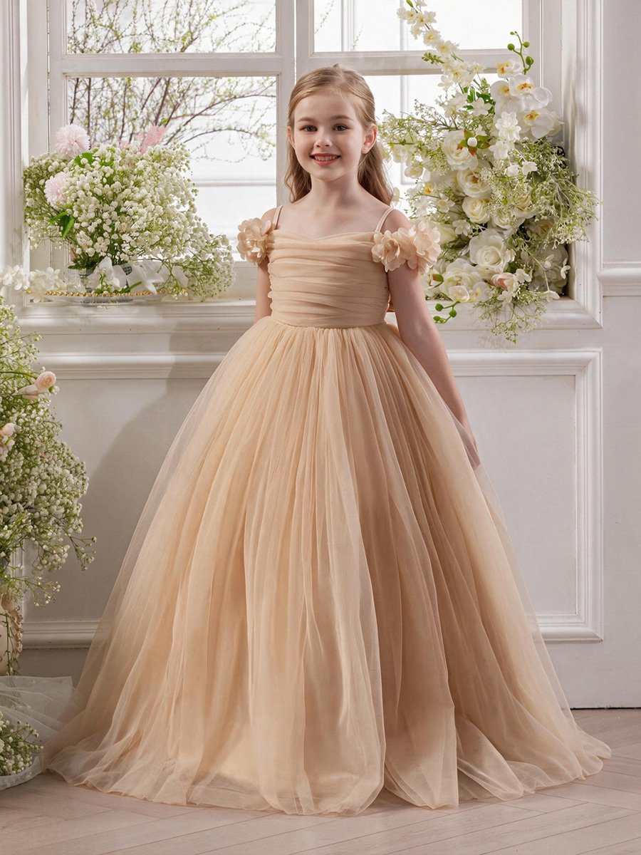 Golden Cold-Shoulder Mesh Flower Girl Dress