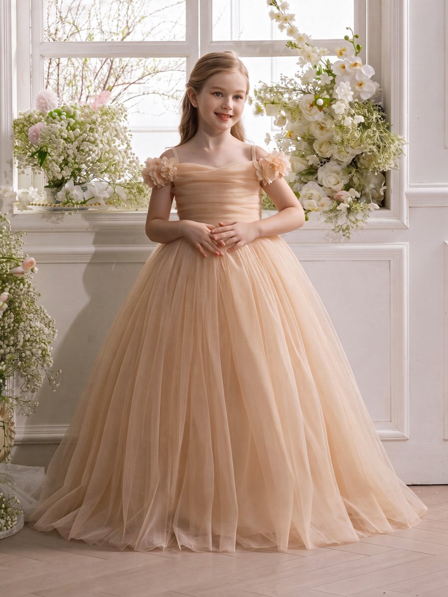 Golden Cold-Shoulder Mesh Flower Girl Dress