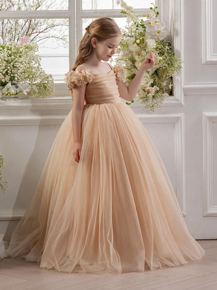 Golden Cold-Shoulder Mesh Flower Girl Dress