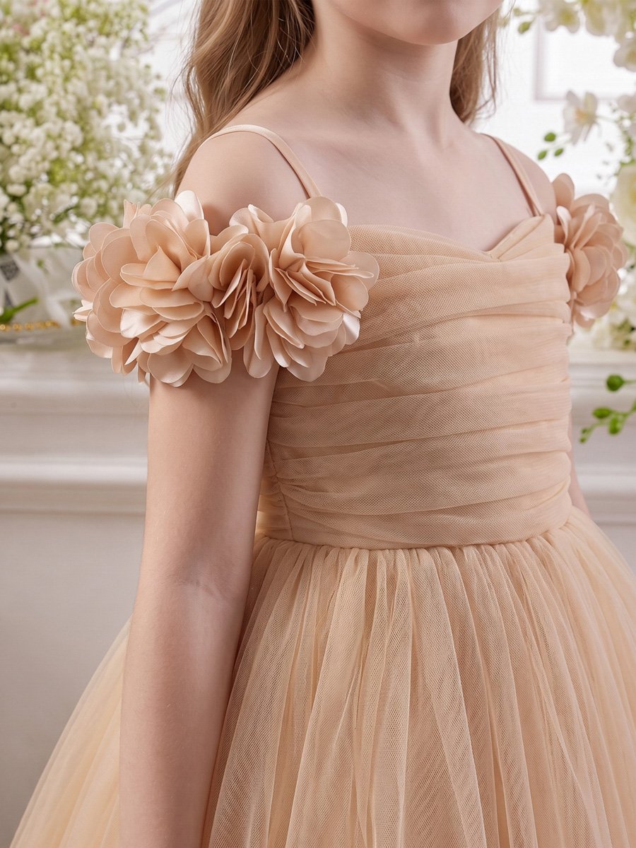 Golden Cold-Shoulder Mesh Flower Girl Dress