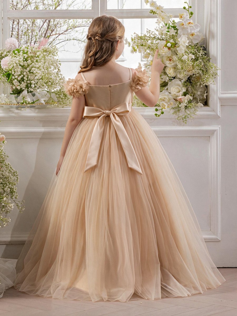 Golden Cold-Shoulder Mesh Flower Girl Dress