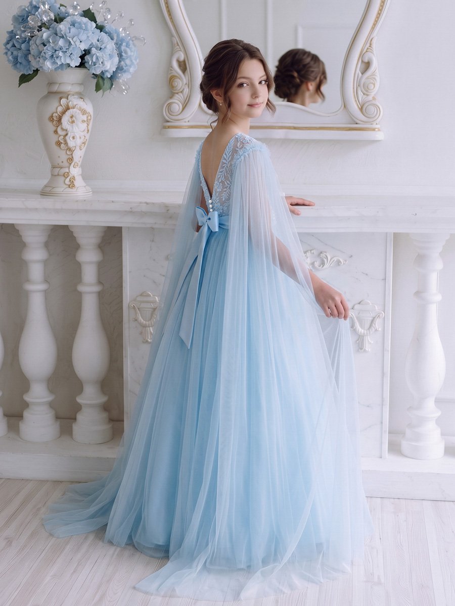 Blue Mesh Insert Cape Dress Detail