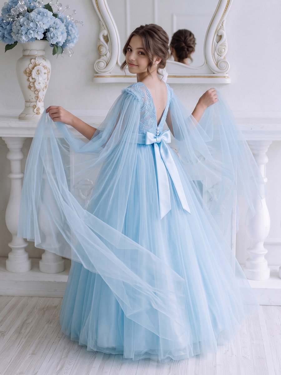 Blue Mesh Insert Cape Dress Detail
