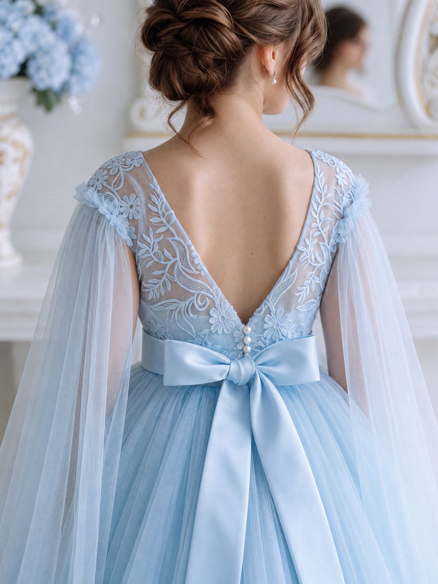 Blue Mesh Insert Cape Dress Detail