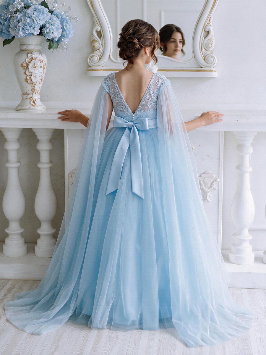 Blue Mesh Insert Cape Dress Detail