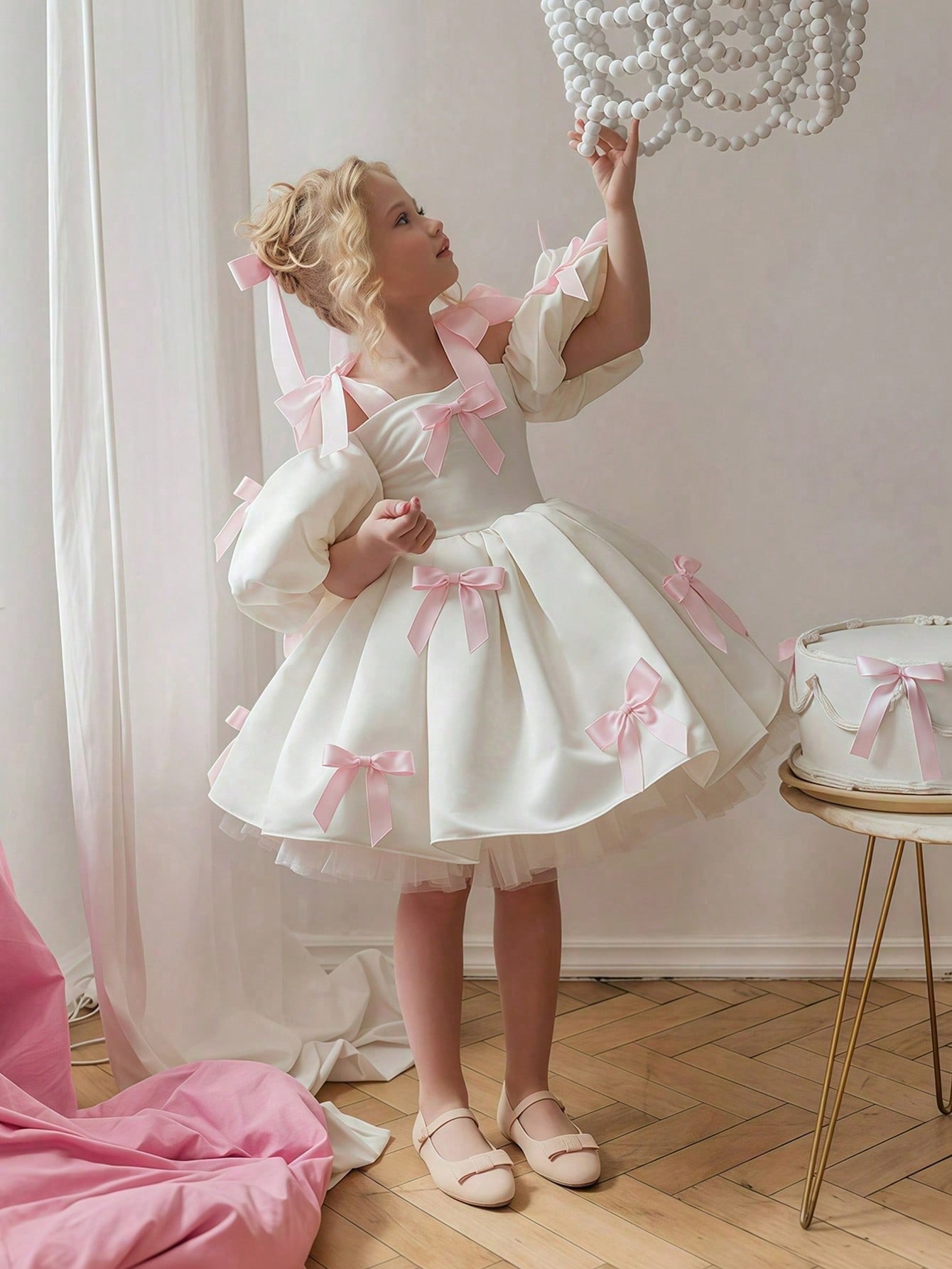 Girls White A-Line Knee-Length Dress with Pink Bows