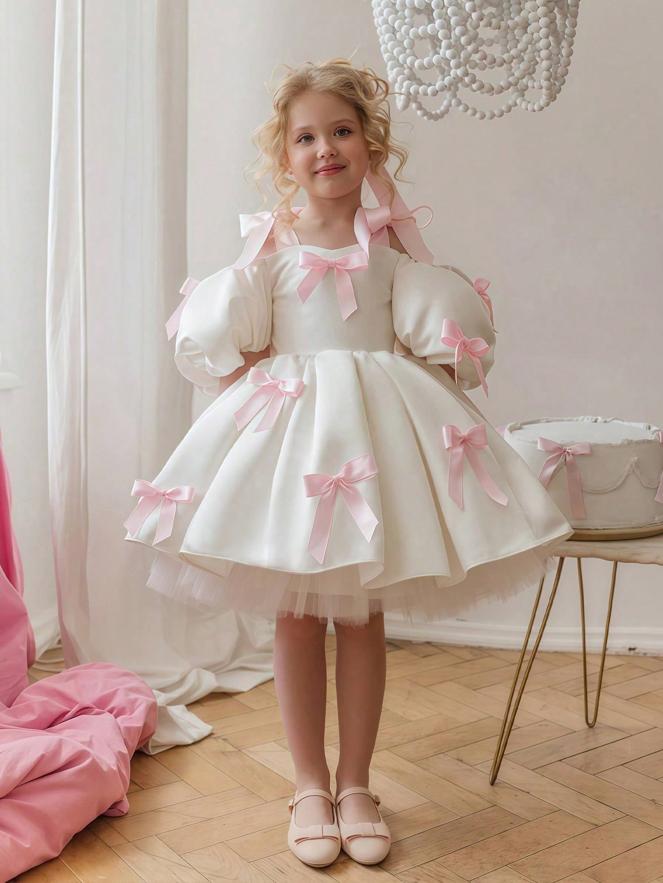 Girls White A-Line Knee-Length Dress with Pink Bows
