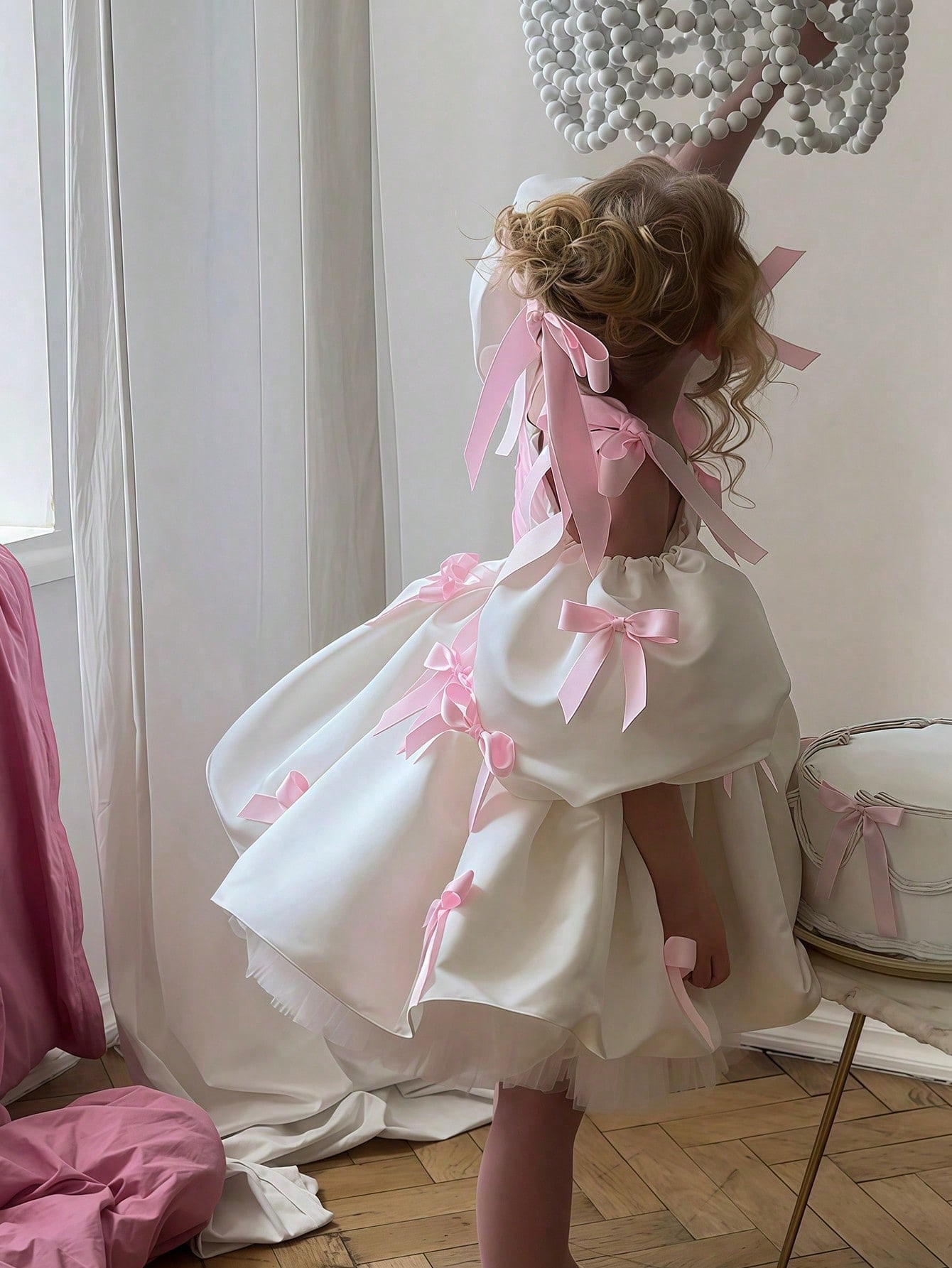 Girls White A-Line Knee-Length Dress with Pink Bows