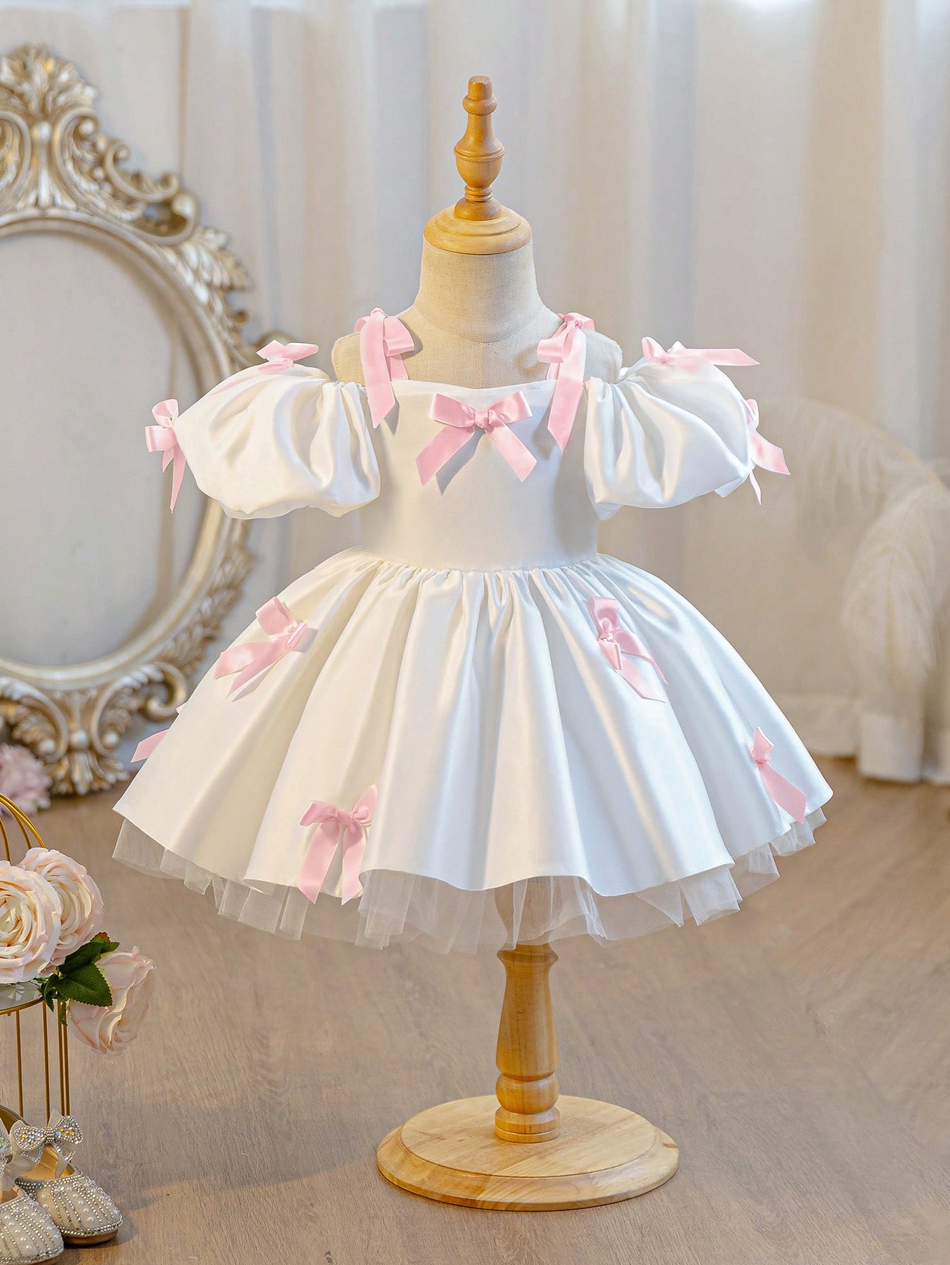 Girls White A-Line Knee-Length Dress with Pink Bows