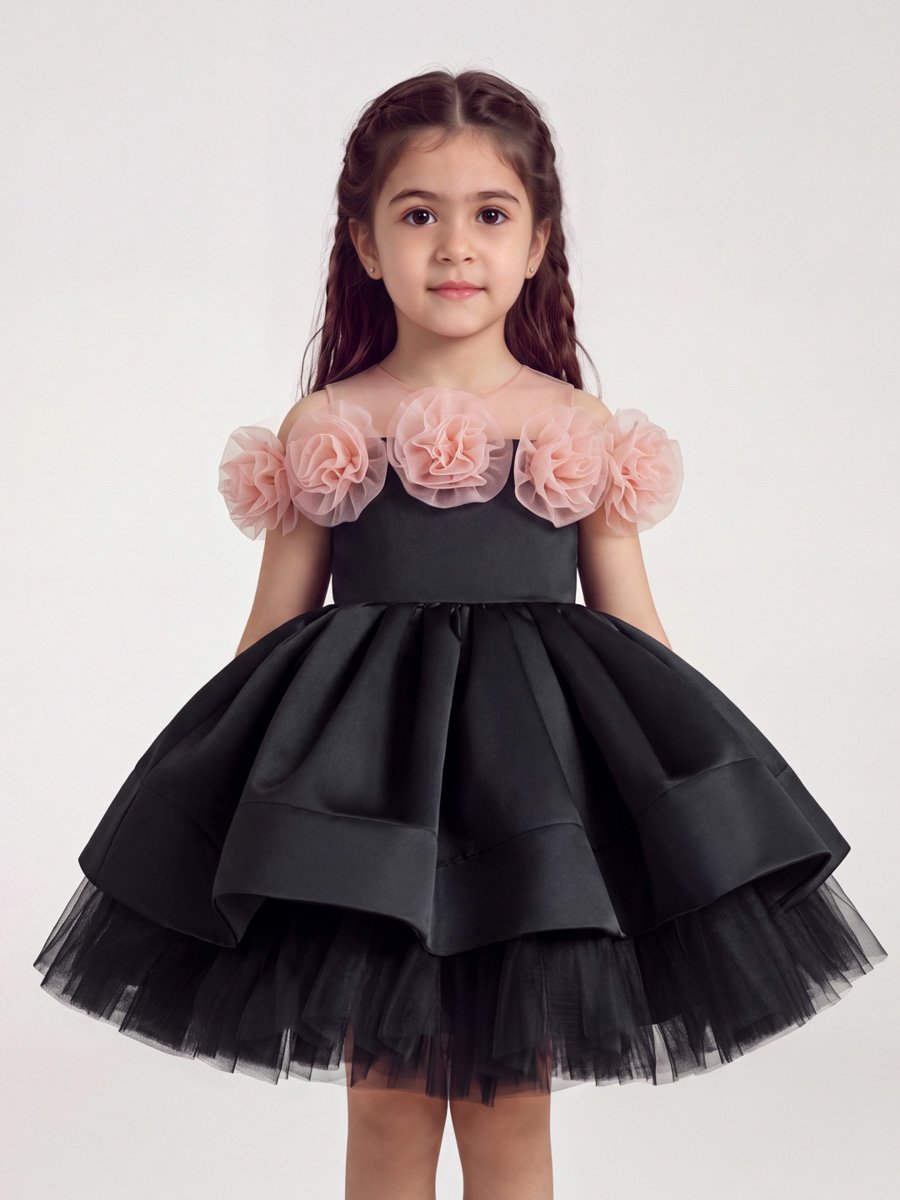 Black Flared Occasion Dress with Floral Detail