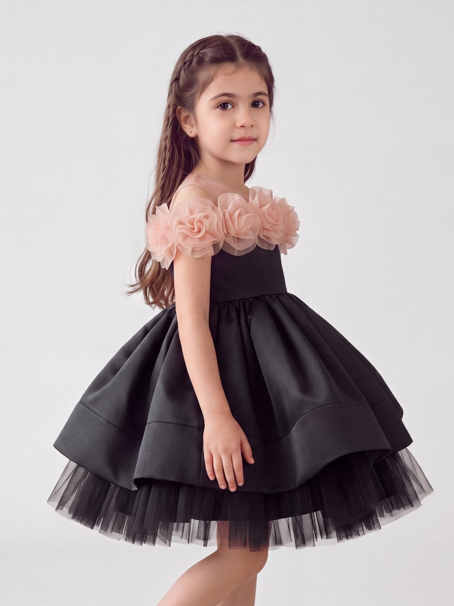 Black Flared Occasion Dress with Floral Detail
