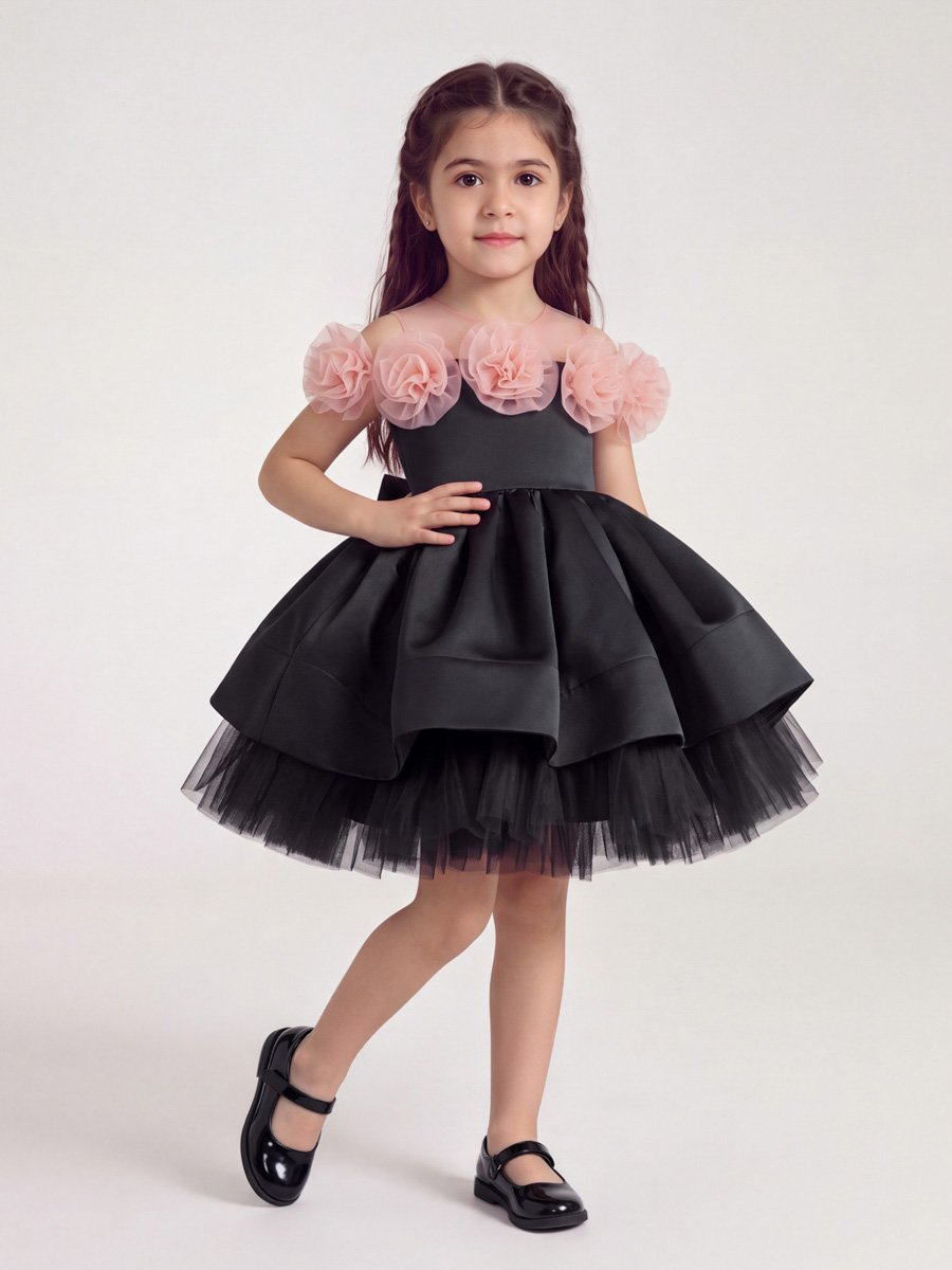 Black Flared Occasion Dress with Floral Detail