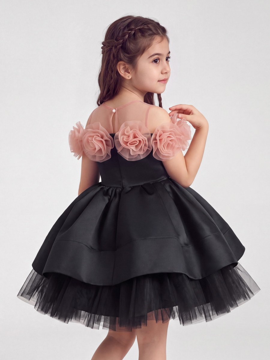 Black Flared Occasion Dress with Floral Detail