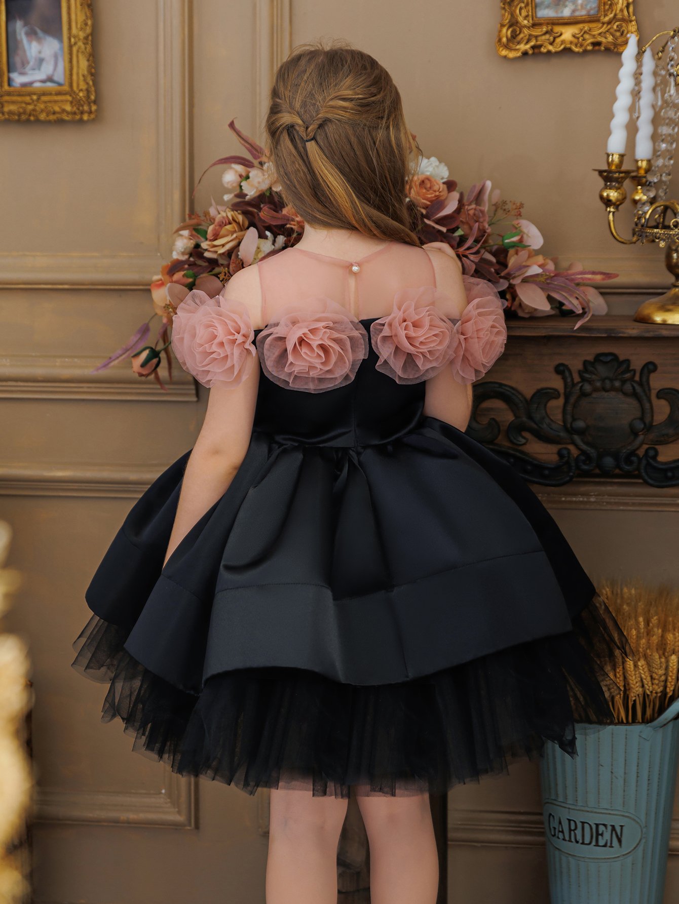 Black Flared Occasion Dress with Floral Detail