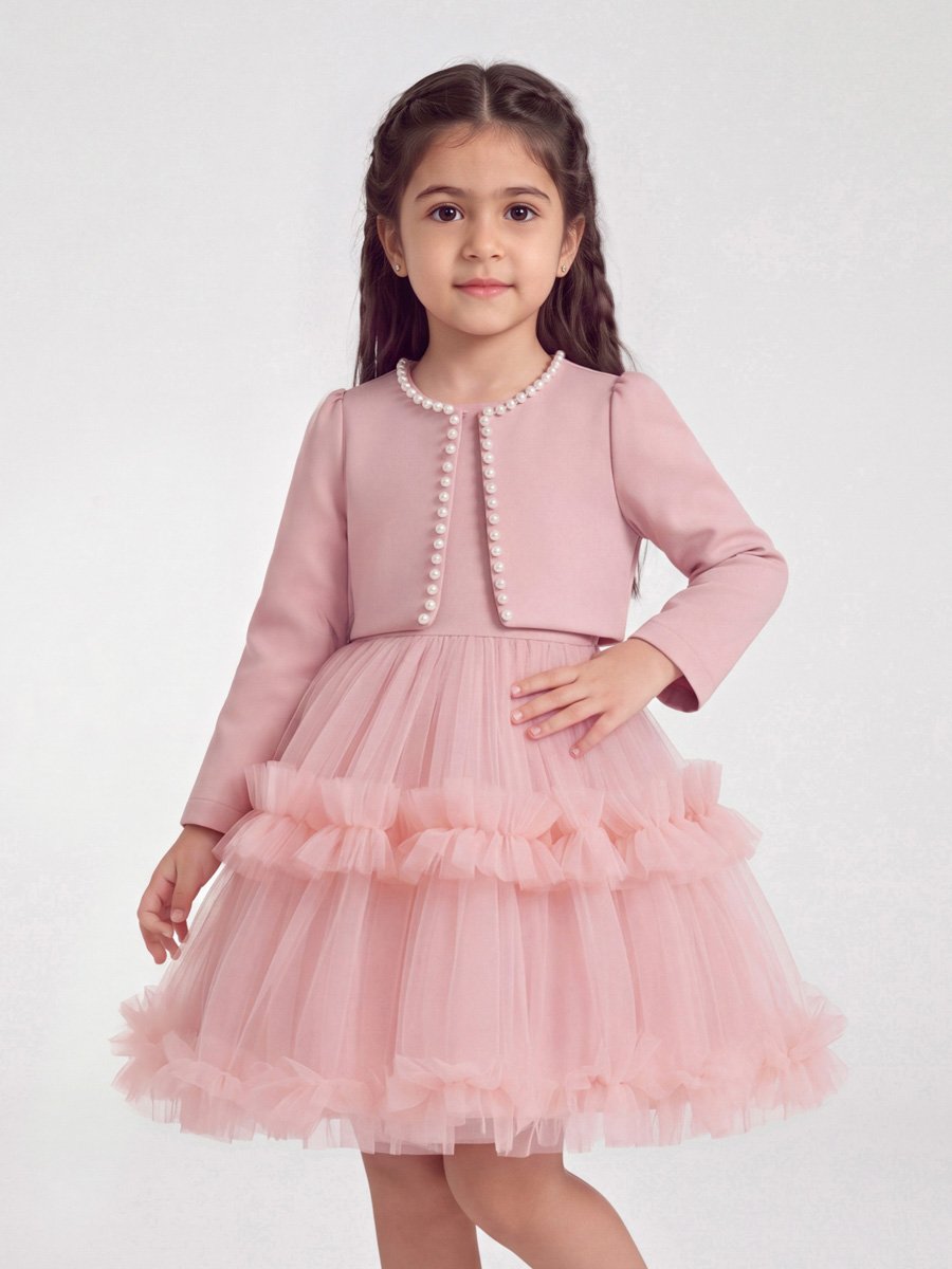 Pink Tulle Party Dress with Pearl Accent