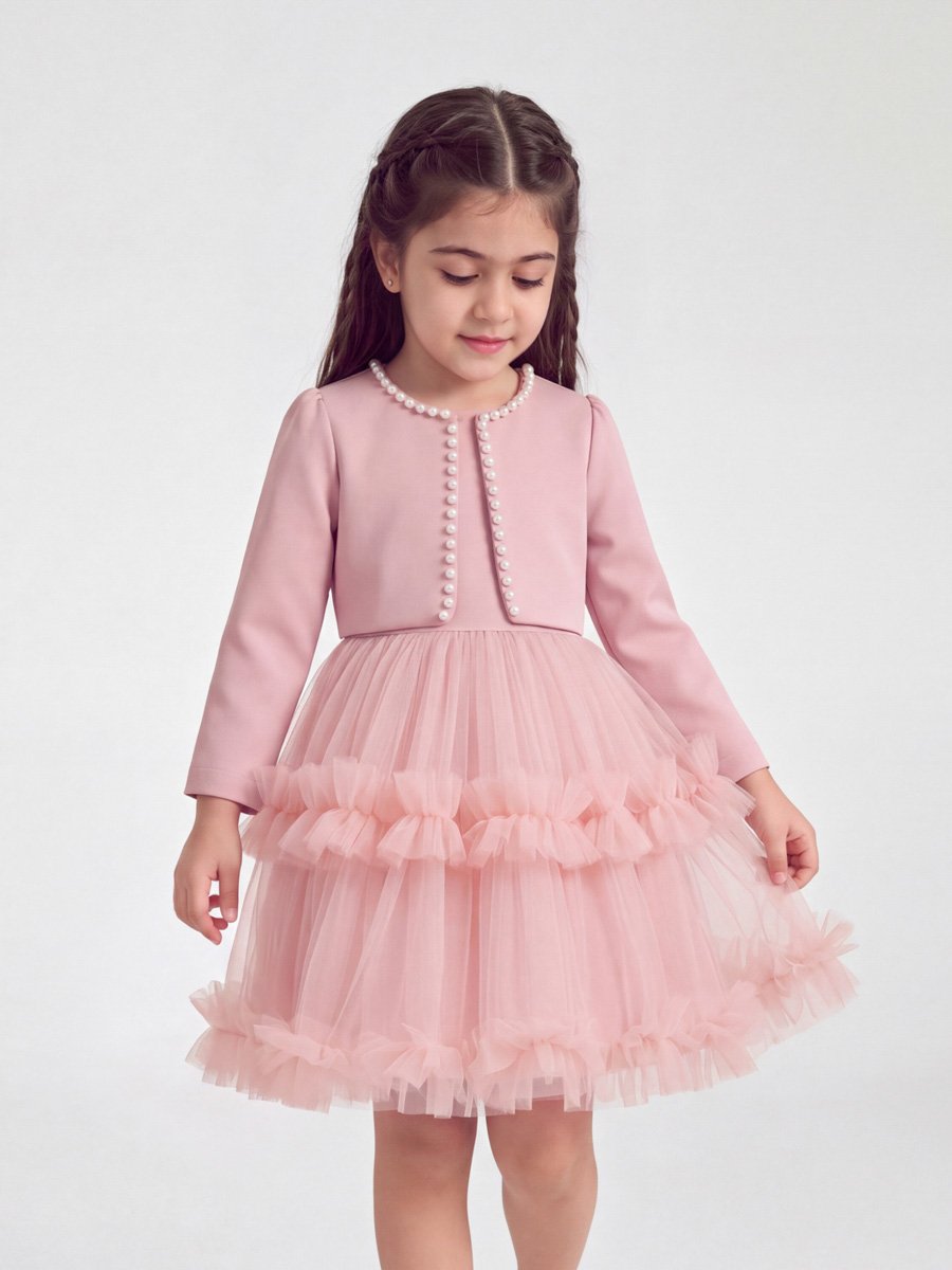 Pink Tulle Party Dress with Pearl Accent