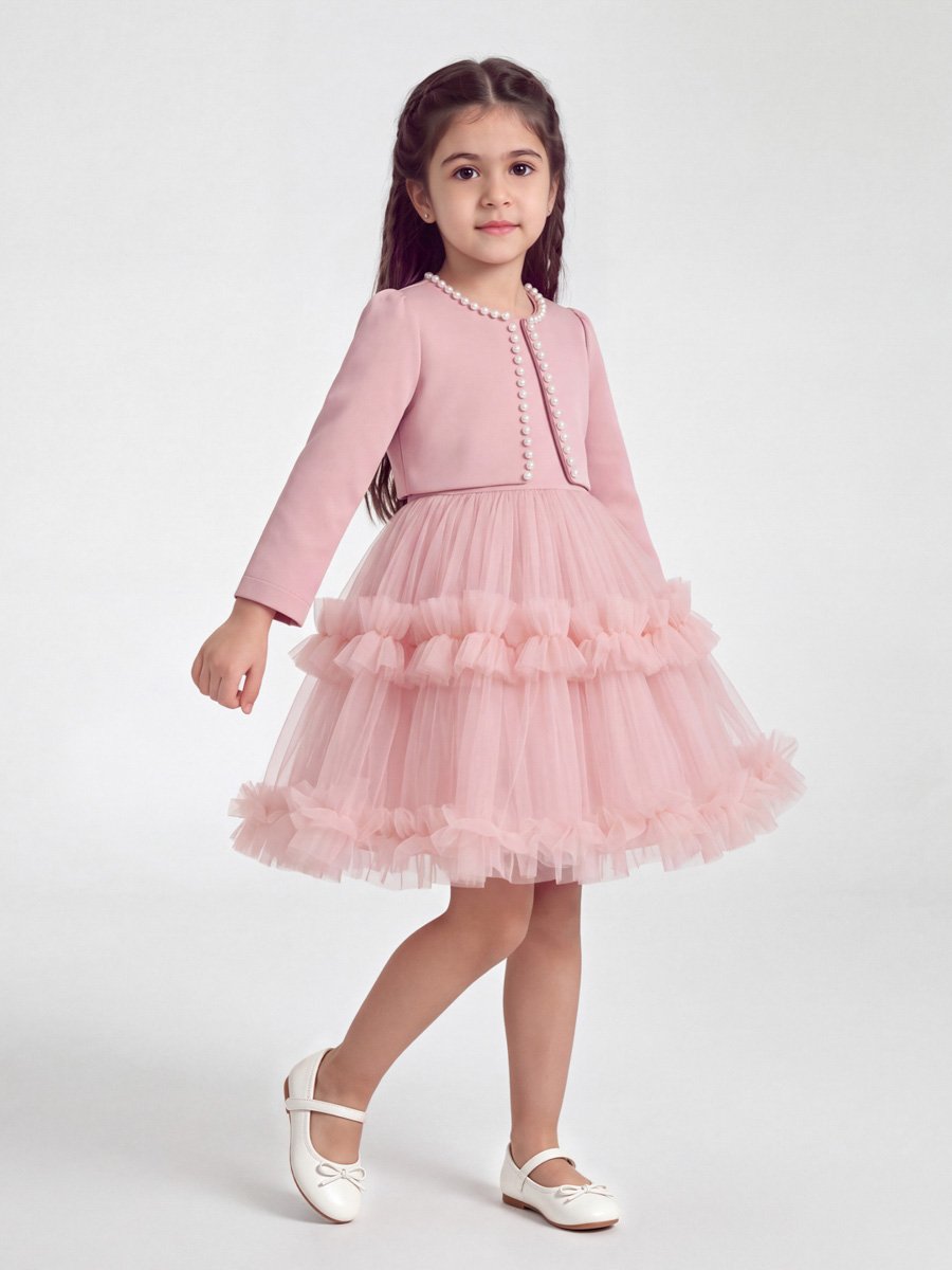 Pink Tulle Party Dress with Pearl Accent