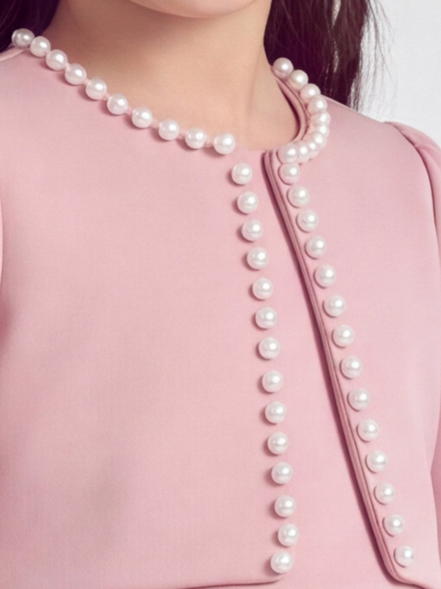 Pink Tulle Party Dress with Pearl Accent