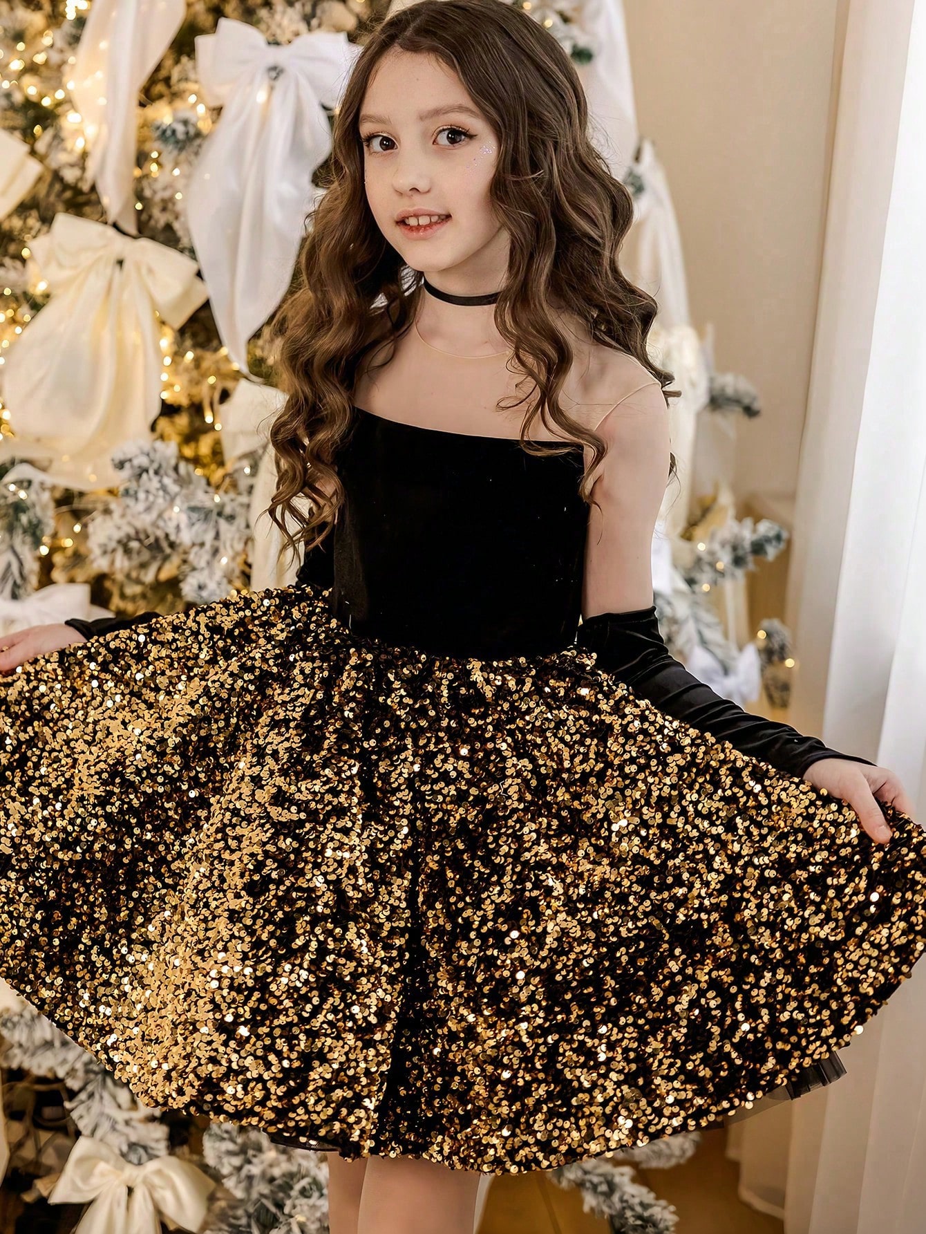 Girls Black A-Line Sequin Knee-Length Dress