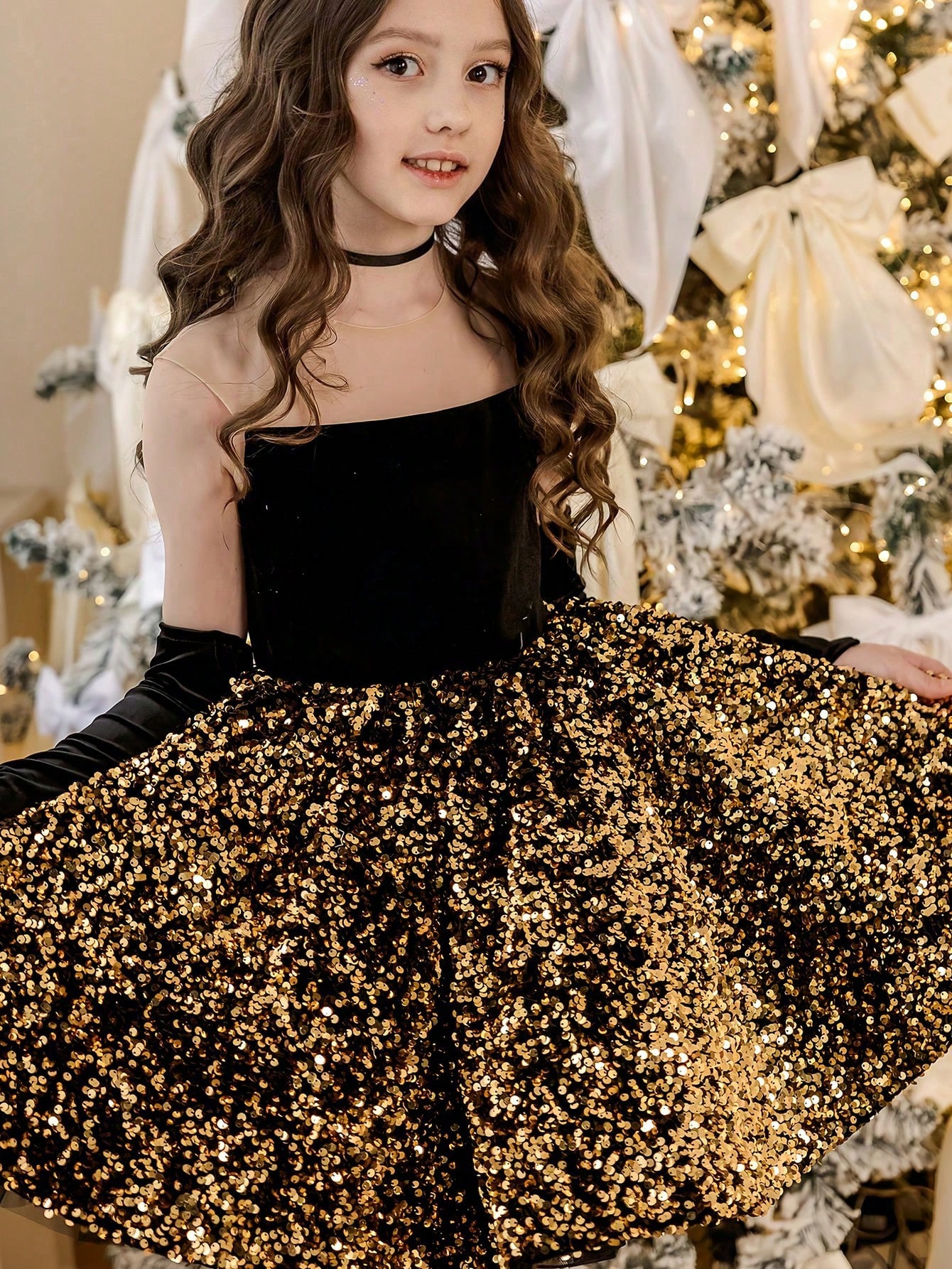 Girls Black A-Line Sequin Knee-Length Dress