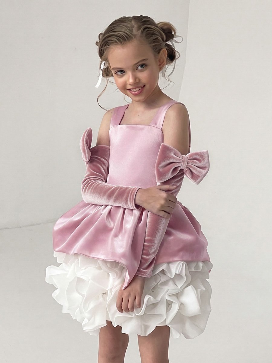 Pink Ruffled Dress with Bow Arm Sleeve