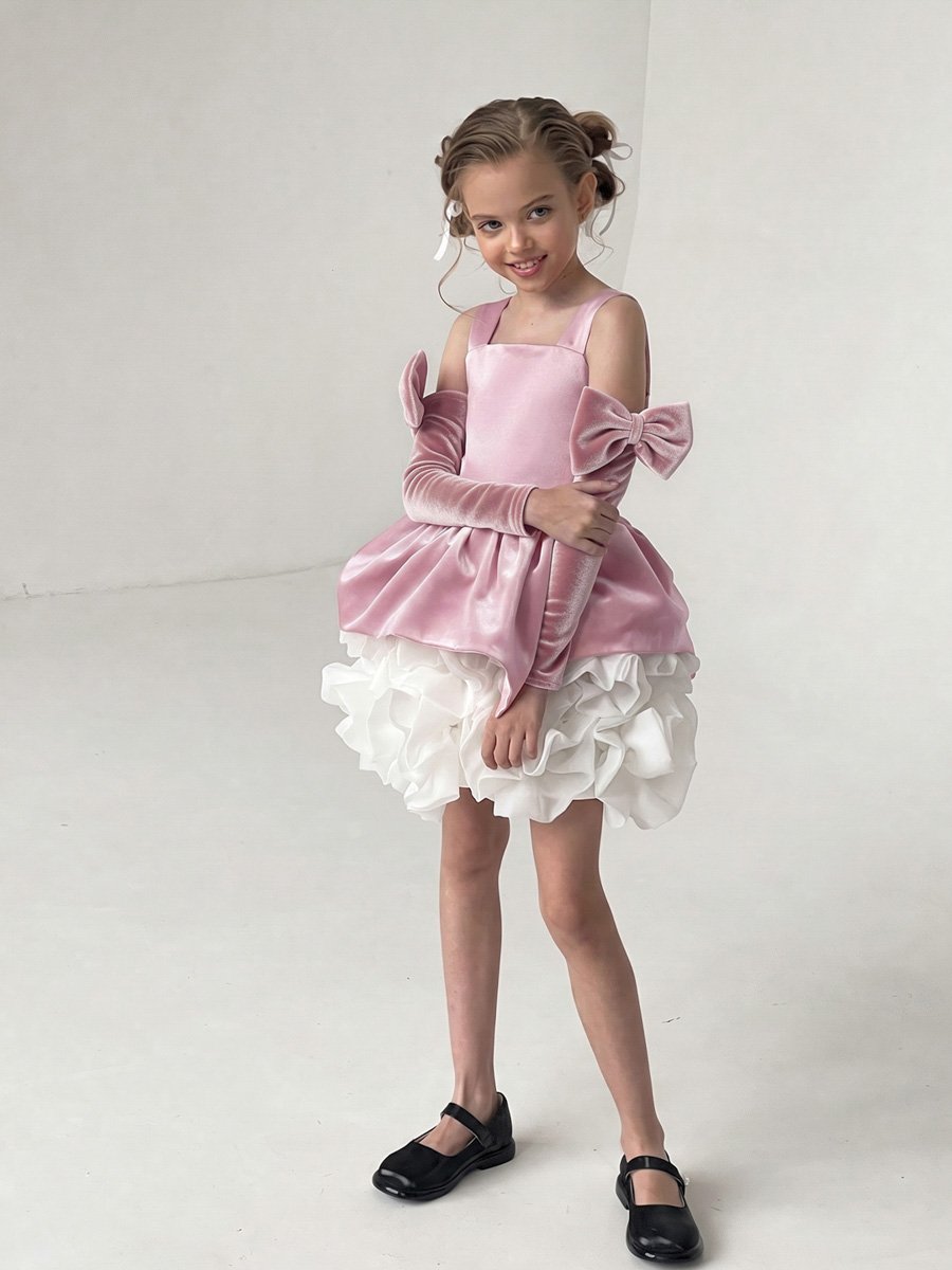 Pink Ruffled Dress with Bow Arm Sleeve