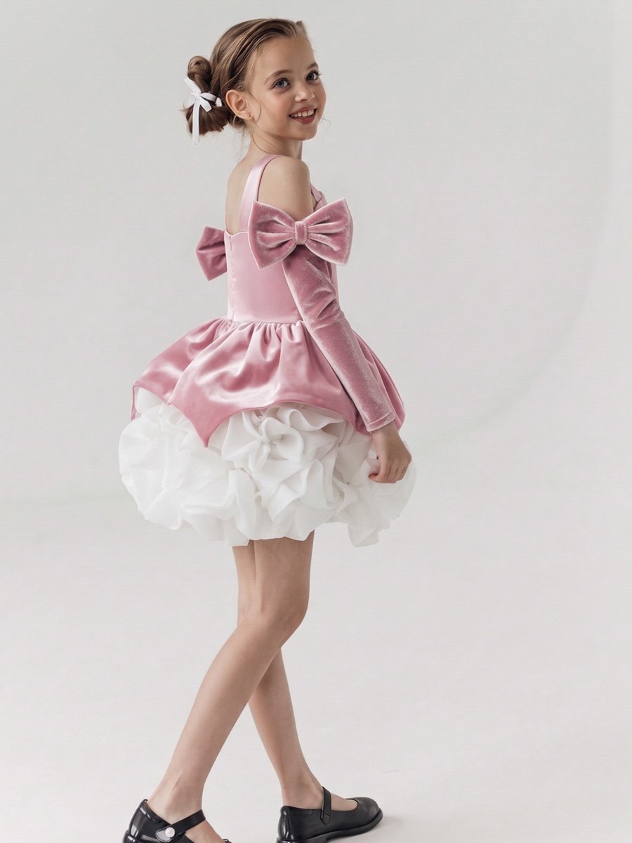 Pink Ruffled Dress with Bow Arm Sleeve