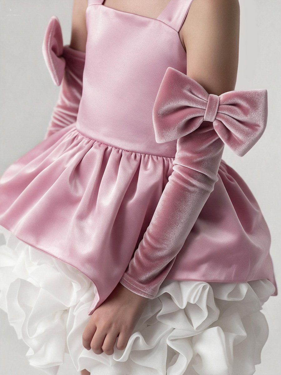 Pink Ruffled Dress with Bow Arm Sleeve