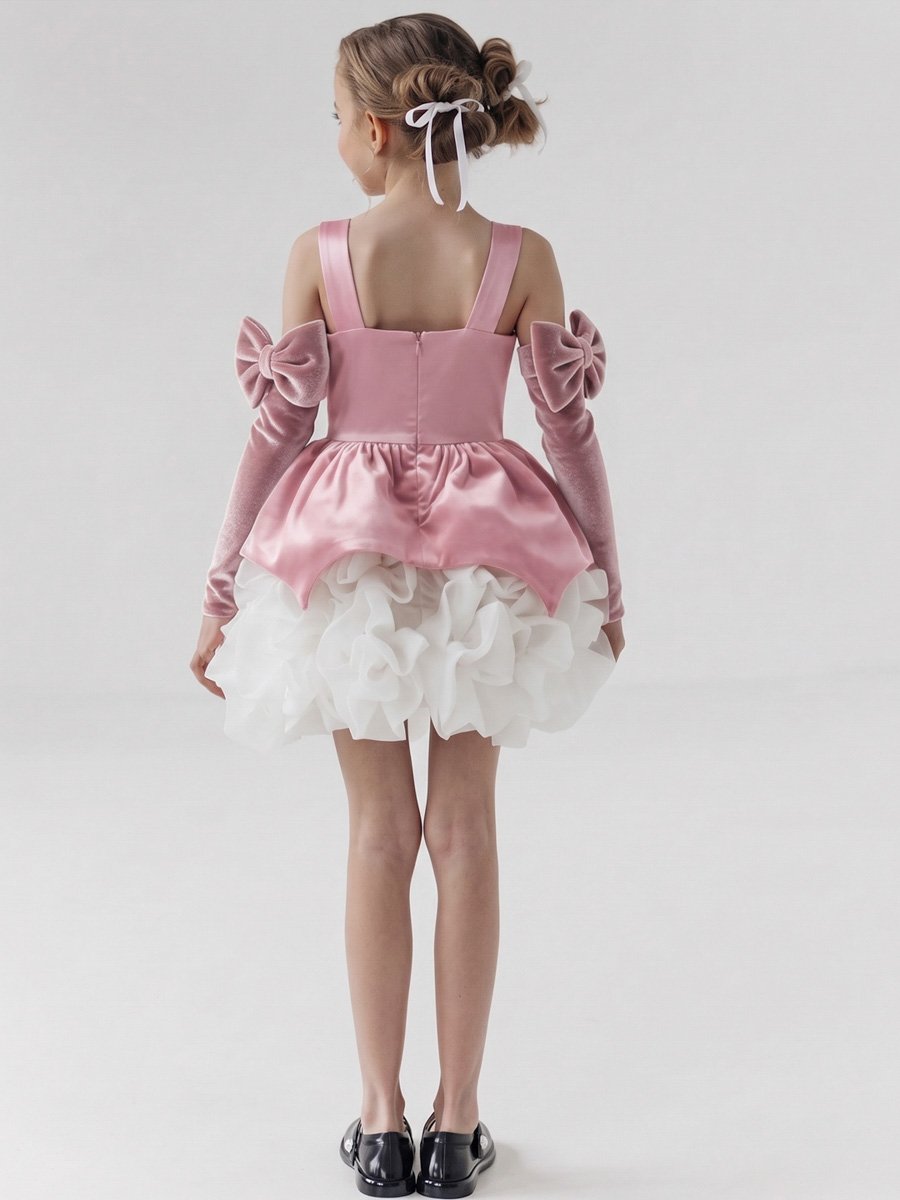 Pink Ruffled Dress with Bow Arm Sleeve