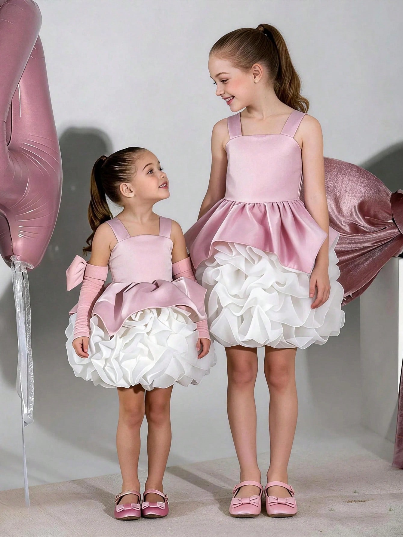 Pink Ruffled Dress with Bow Arm Sleeve