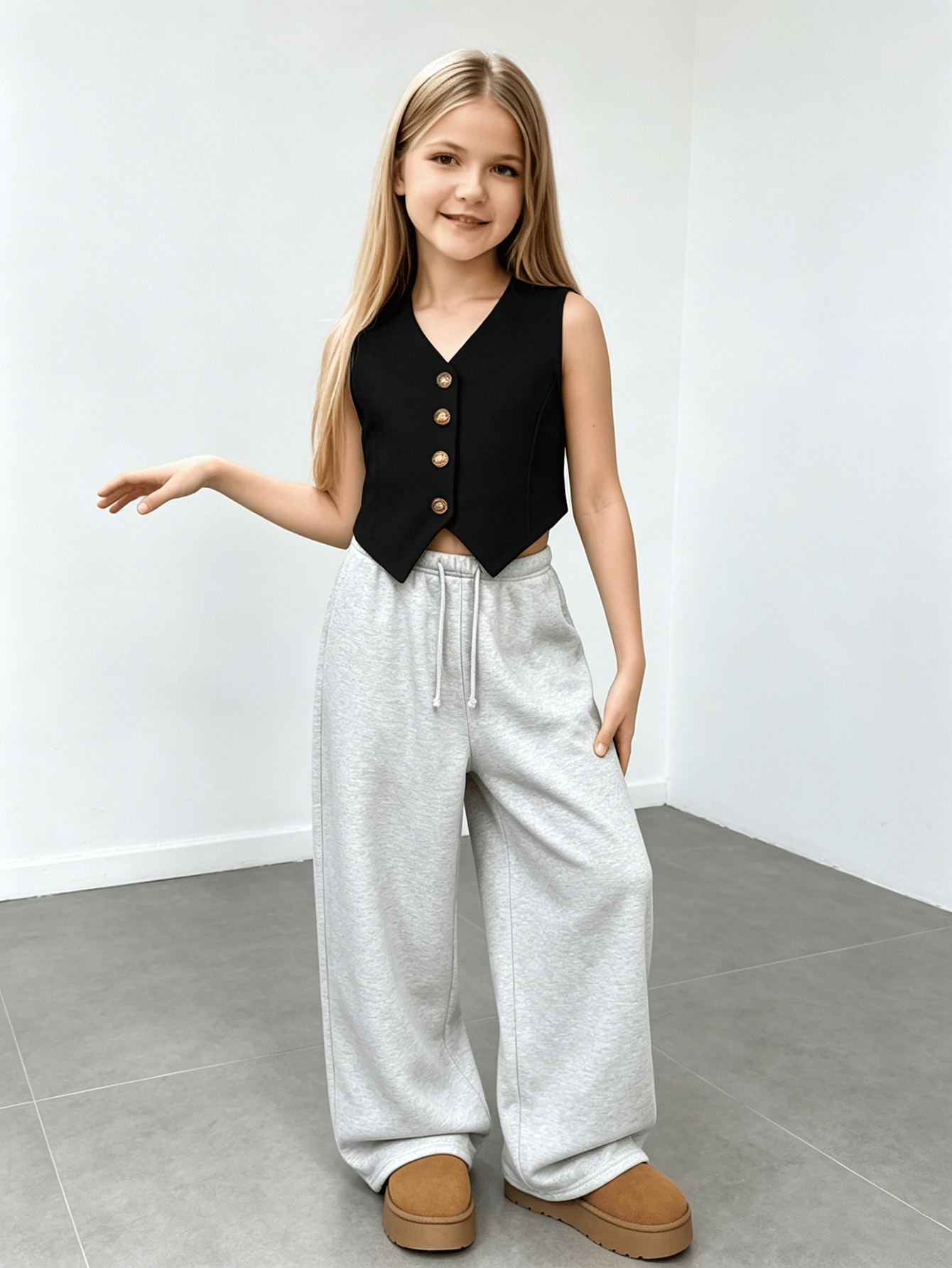 Girls Light Gray Wide Leg Sweatpants