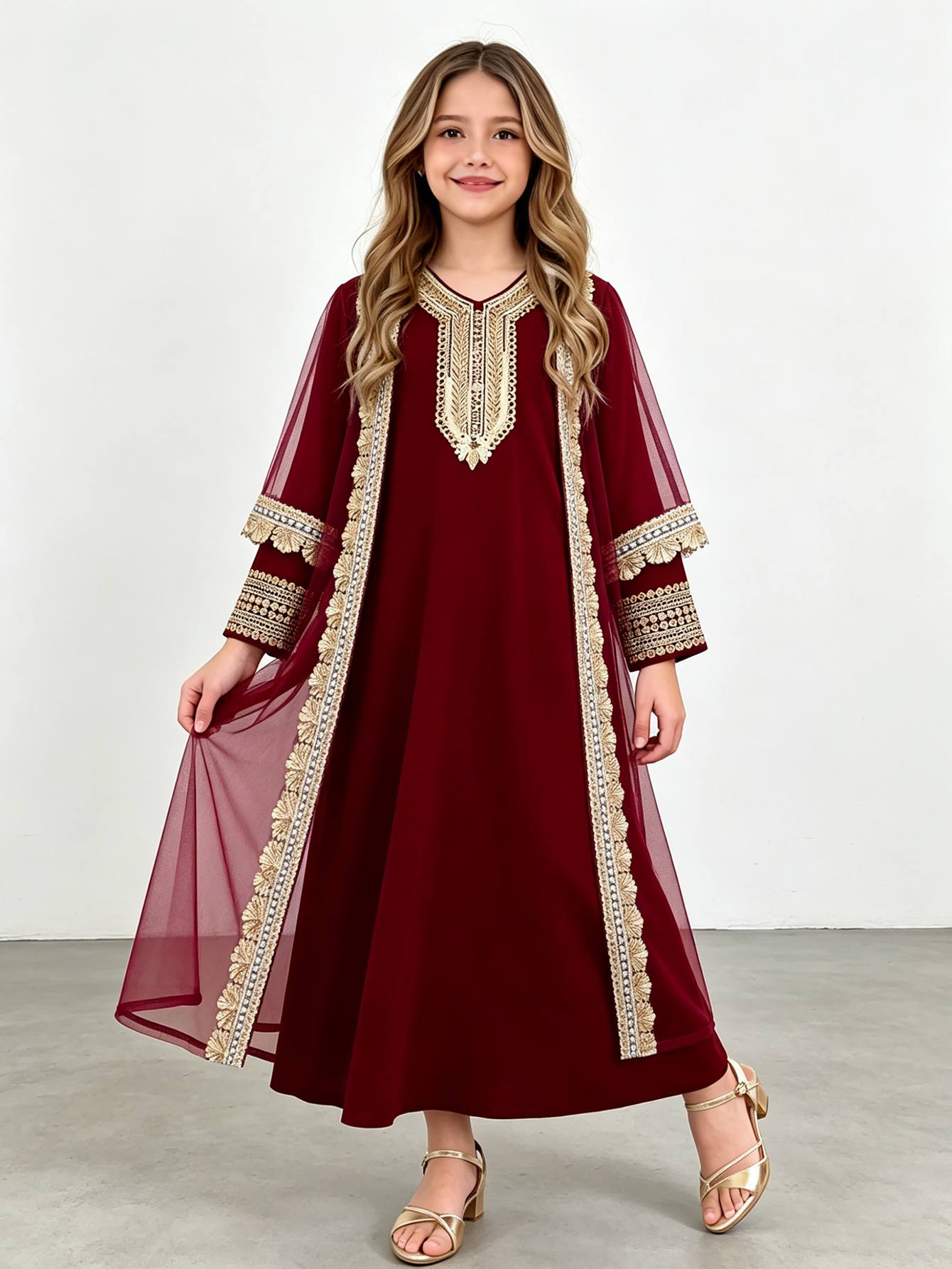 Girls Maroon Embroidered Trim Jalabiya