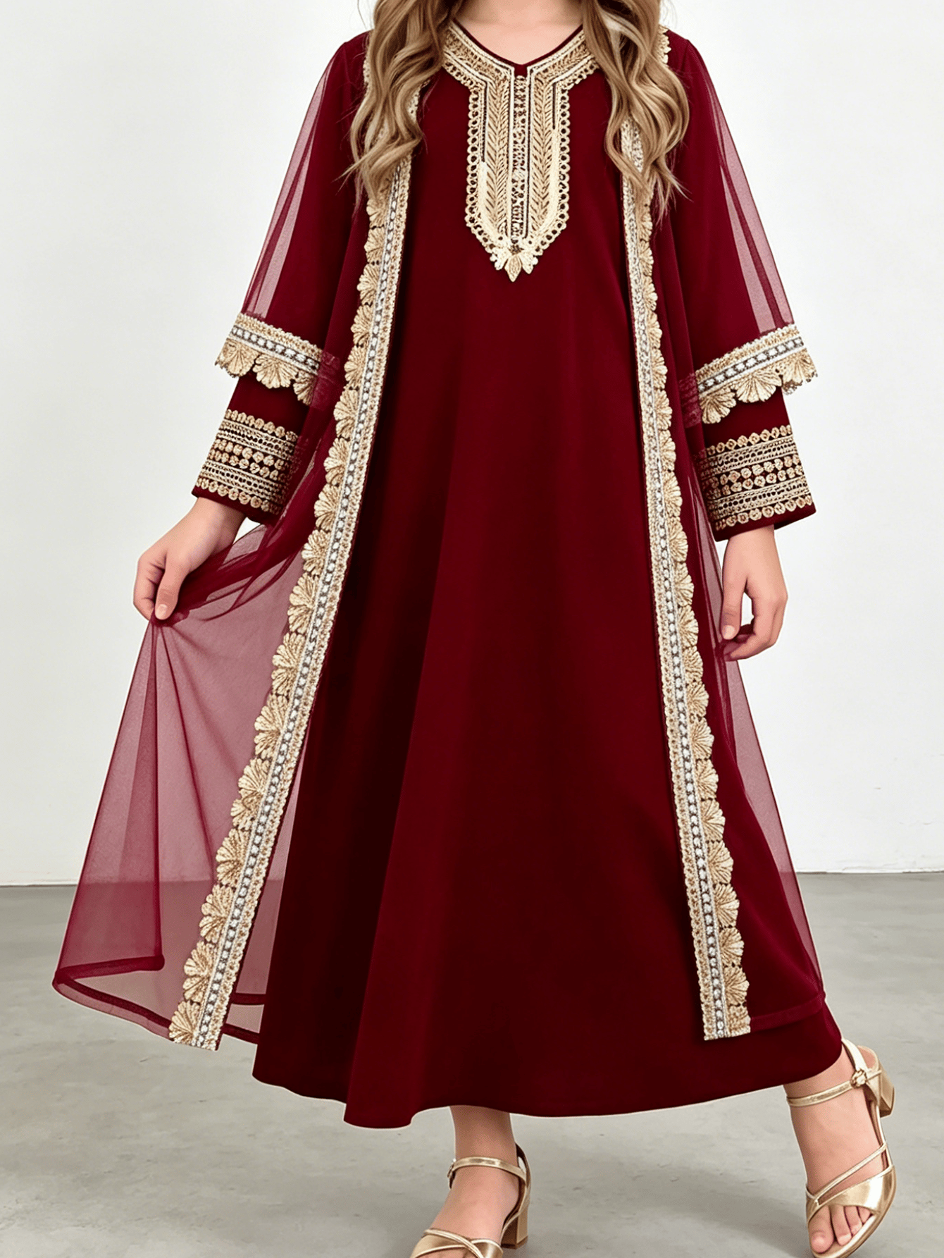 Girls Maroon Embroidered Trim Jalabiya