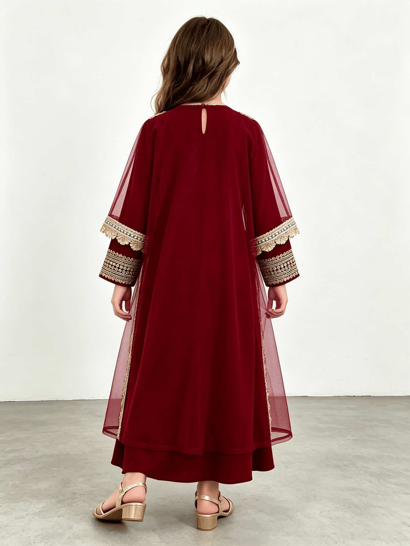 Girls Maroon Embroidered Trim Jalabiya